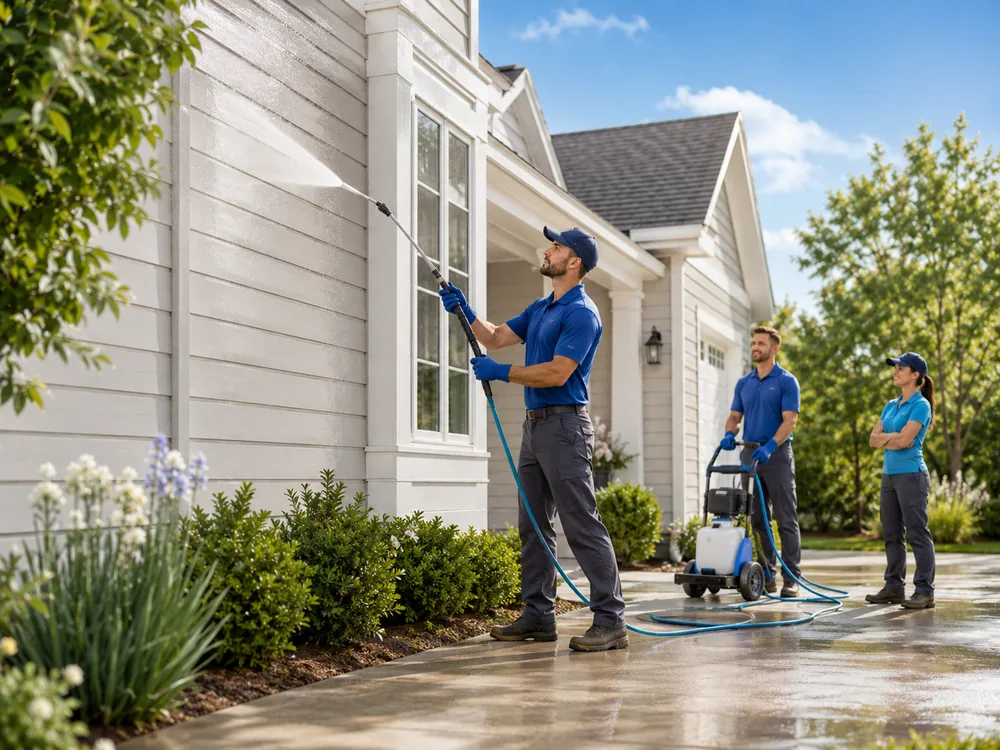 Exterior cleaning crew pressure washing a home