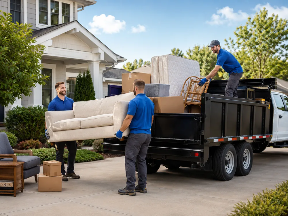 Junk removal crew loading furniture into a trailer