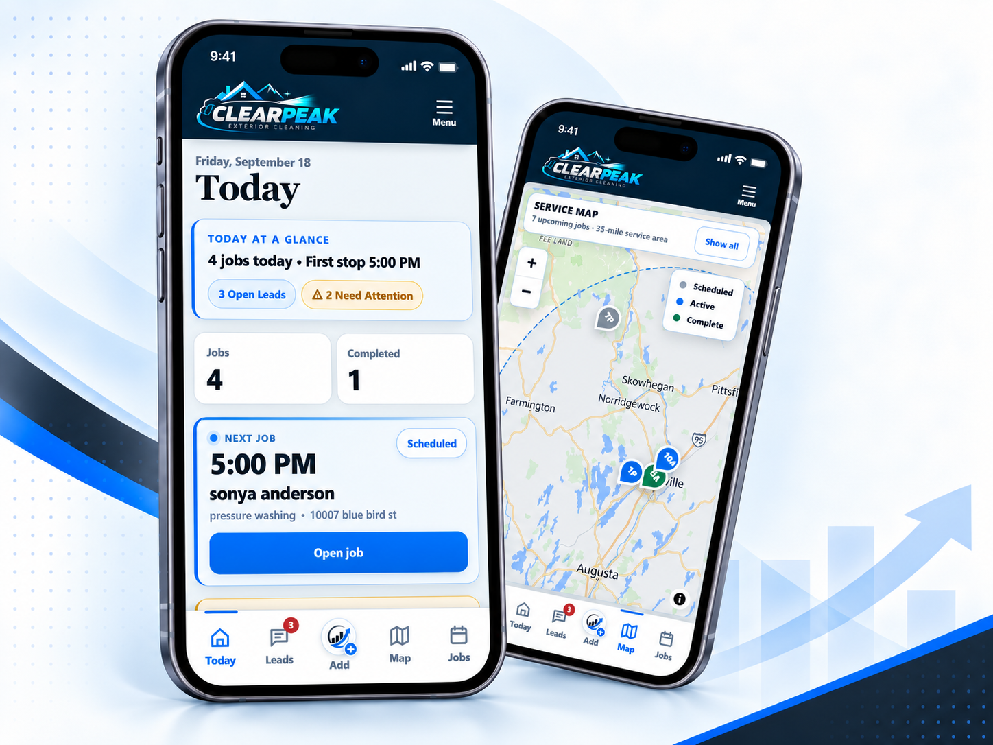 SCG Field Hub contractor dashboard showing leads, jobs and service area tools on mobile