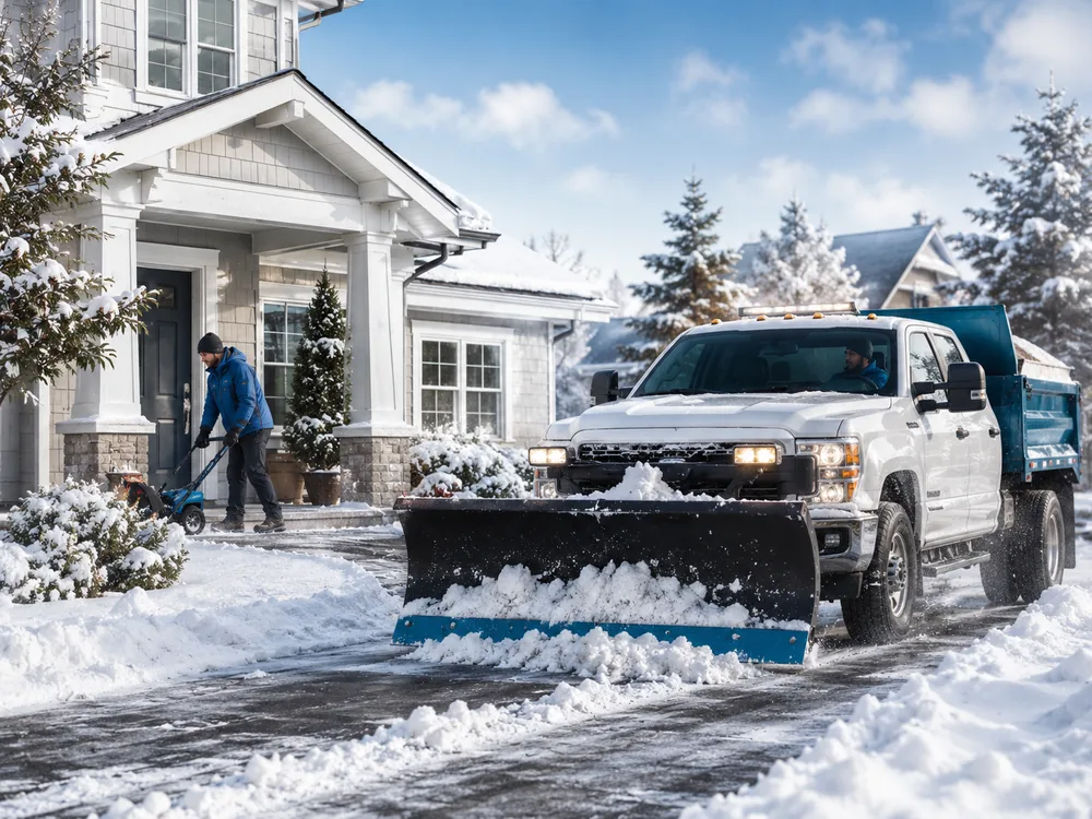 Snow plow truck clearing a residential driveway